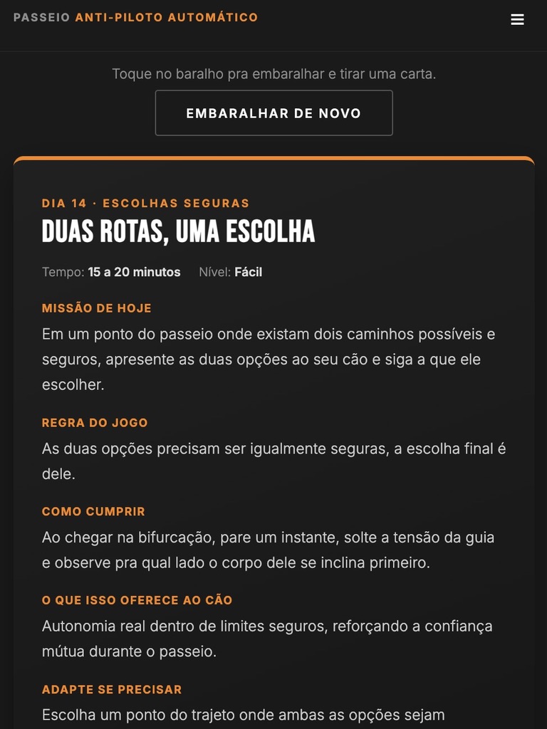 Exemplo de missão aberta dentro do baralho