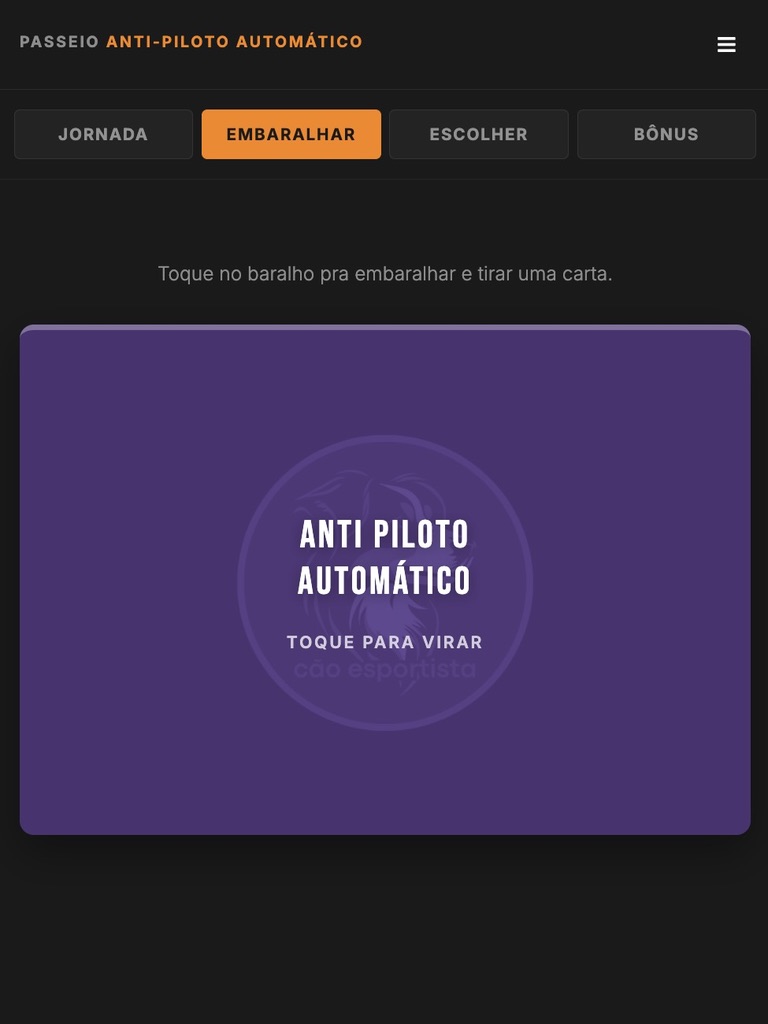 Tela para embaralhar e puxar uma carta