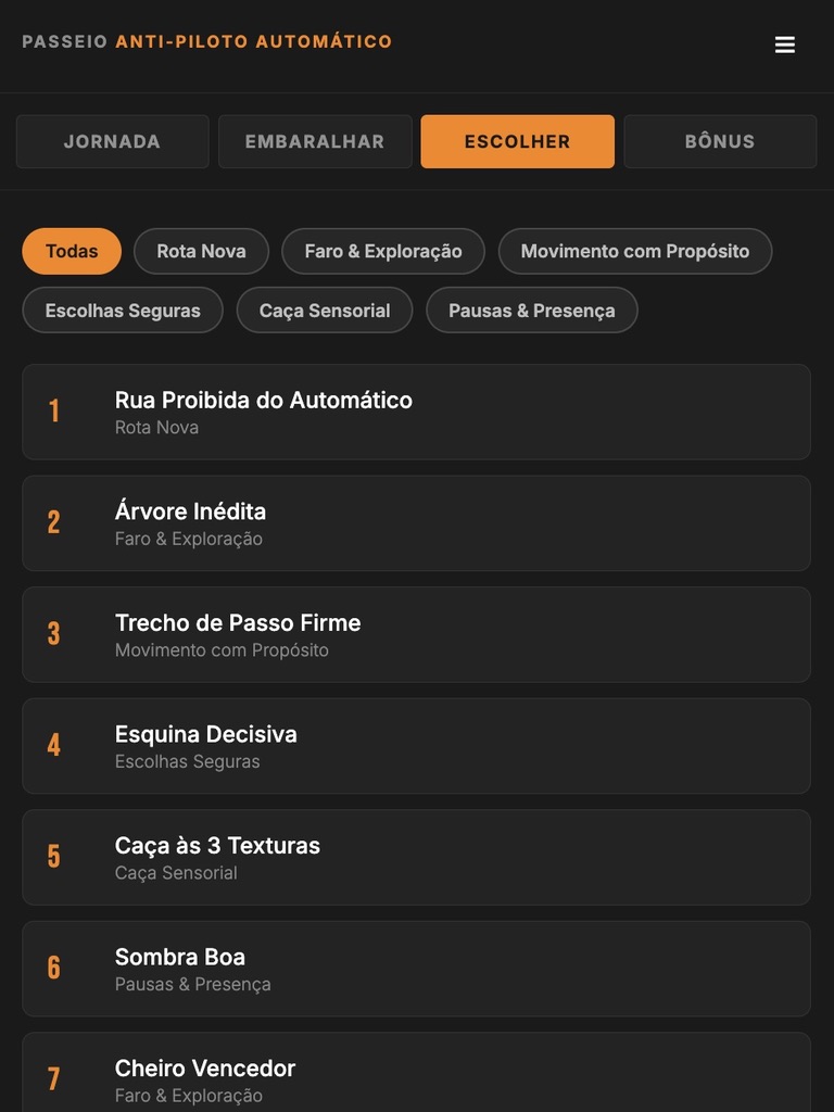 Tela de escolha de missão por categoria