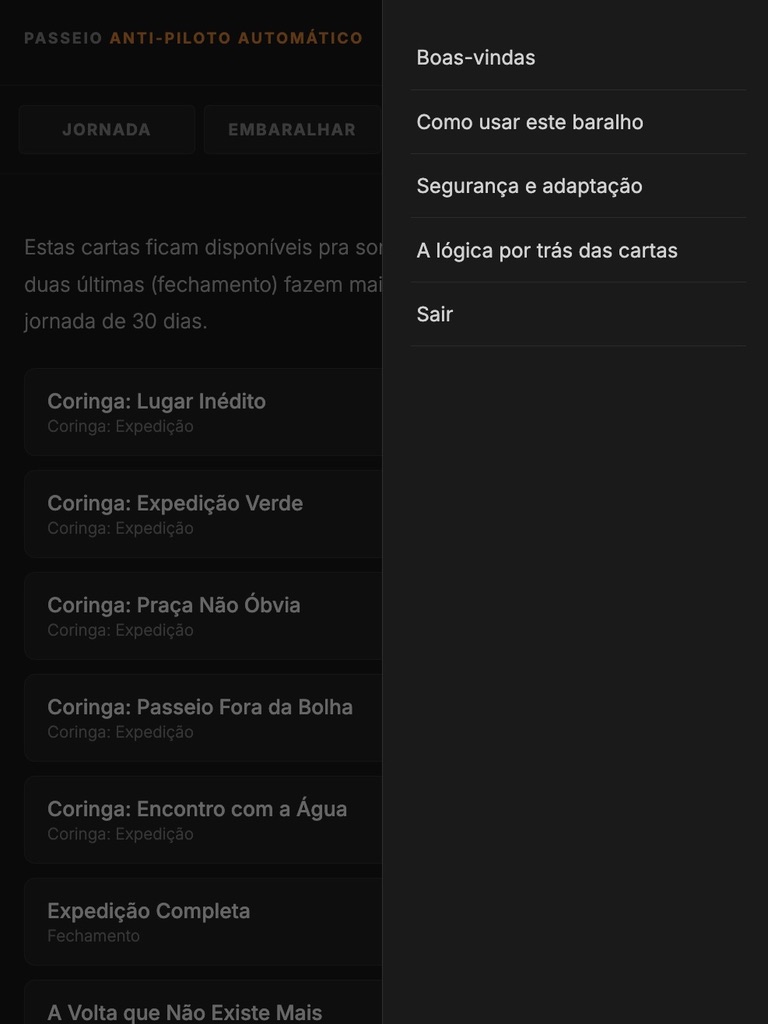 Menu com boas-vindas, segurança e lógica do método